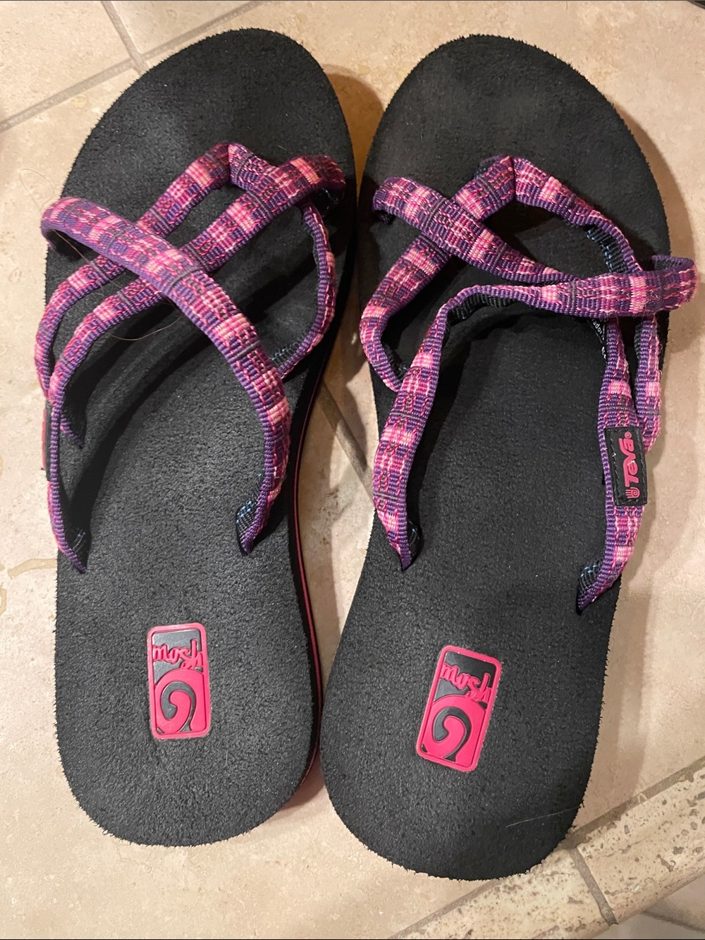 Teva Women's Black Sandals with Pink and Purple Patterned Straps